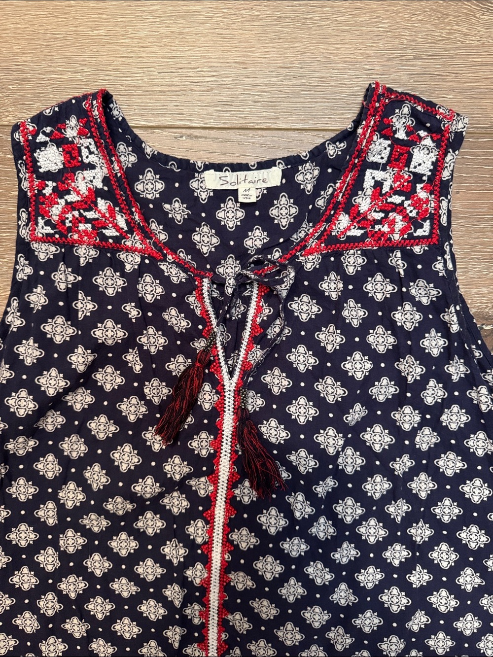 Solitaire Navy and White Printed Sleeveless Top with Red Accent - Picture 3 of 9